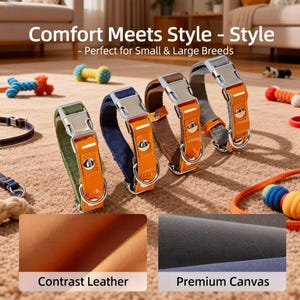 May include: Four dog collars in green, navy, brown, and grey with silver buckles and orange leather accents. The image includes the text "Comfort Meets Style - Style" and "Perfect for Small & Large Breeds". The collars are made of contrast leather and premium canvas.