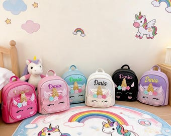 Mochila infantil de unicornio con nombre personalizado, regalo personalizado de cumpleaños o Navidad, mochila escolar para preescolar y jardín de infancia, linda mochila infantil de unicornio con brillantina.