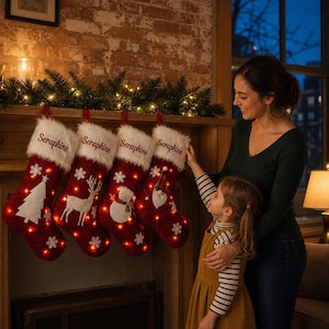 May include: Four red Christmas stockings with white faux fur cuffs, each embroidered with the name Seraphine. The stockings feature light-up designs including a white tree, a reindeer, a snowman, and a gnome, accented with white snowflakes.