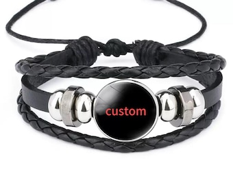 Pulseira personalizada com foto, joia comemorativa personalizada com foto, pulseira ajustável com cordão de couro para aniversário, amizade e presente de homenagem.