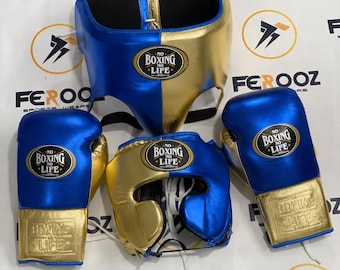 No Boxing No Life - Conjunto de entrenamiento personalizado azul y dorado: guantes de cuero genuino, protector de cabeza y protector inguinal.