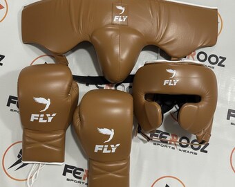 New Design Custom made Fly Brown Boxing Sparring Set : Gloves Headgear Groin Guard
