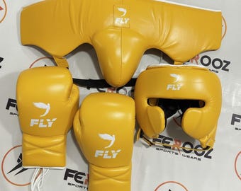 Top Selling Fly Boxing Yellow Sparring Set Boxing Gloves Headgear Groin Guard