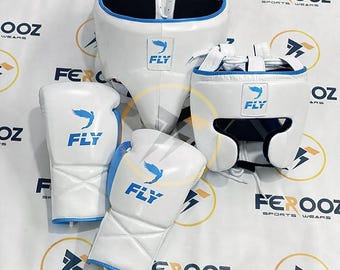 Prawdziwy skórzany zestaw bokserski FLY Blue White do sparingów, wykonany ze skóry bydlęcej - rękawice - ochraniacz głowy - ochraniacz krocza
