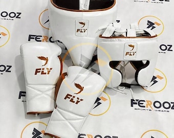 Zestaw bokserski FLY ze skóry naturalnej: rękawice, ochraniacz głowy, ochraniacz krocza, zielono-brązowy