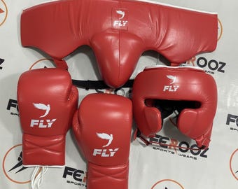Custom Made Fly Red Sparring Set Genuine Cowhide Leather Boxing Gloves Headgear Groin Guard