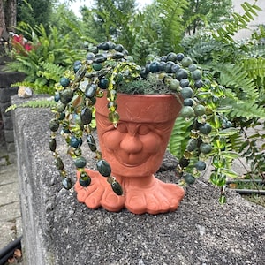 May include: A terracotta plant pot, shaped like a face with feet, filled with greenery and decorated with green and yellow beaded strands. The pot rests on a concrete ledge, with a backdrop of lush foliage.