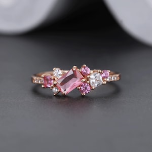 Pink Sapphire Rose Gold Ring, Emerald Cut Pink Stone Cluster Ring, Vintage Ruby Ring Engagement Ring,  Inspired wedding ring Promise ring