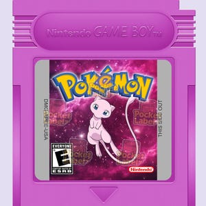 May include: A purple Nintendo Game Boy cartridge featuring the Pokémon game. The label shows the Pokémon logo, a pink Mew character, and the ESRB rating. The cartridge has the text "Nintendo GAME BOY" embossed on the top.