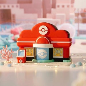 May include: A red and white plastic model of a Pokemon Center building featuring a central blue door with a white circular emblem, two yellow windows with shell designs, and a small red kiosk with a screen and a white circular emblem on the front.