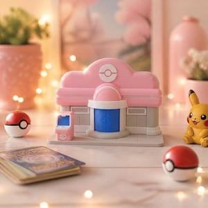 Può includere: Un set da gioco Centro Pokemon in plastica con tetto rosa e stemma bianco, porta centrale blu e un piccolo cabinato arcade rosa. Il set include una statuetta gialla di Pikachu, due Poke Ball rosse e bianche e un mazzo di carte collezionabili.