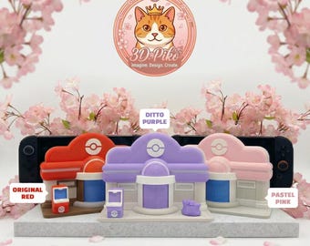 PokéCenter Switch Dock – Pokopia Edition (3D-gedruckt) – 3D-gedruckter blauer Shop-Konsolenständer – Passend für Switch 1/OLED & Switch 2