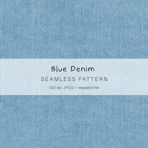 Könnte beinhalten: Ein nahtloses Muster aus hellblauem Denim. Das Bild zeigt einen strukturierten Denim-Stoffhintergrund mit den Worten "Blue Denim" und "SEAMLESS PATTERN" in einem weißen Rechteck. Der Text enthält auch "300 dpi JPEG + wiederholte Datei."