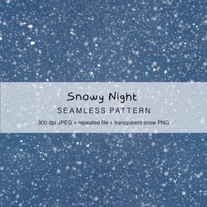 Peut inclure: Motif sans couture avec un fond bleu foncé et des flocons de neige blancs. Le texte "Snowy Night" est affiché sur une bannière blanche, avec "SEAMLESS PATTERN".