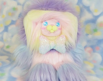 Fluffy Bottom Luca Lion With Clay Face-kawaii pastel rainbow lion plush soft sculpture with bowtie