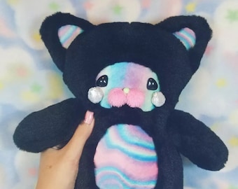 Fluffy Bottom Miss Kitty Cat--kawaii black and rainbow faux fur cat plush