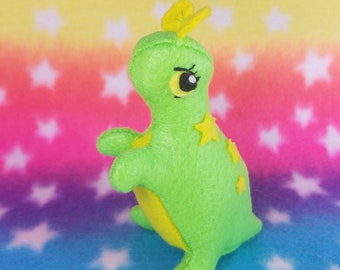 Fluffy Bottom Trixie T-rex: kawaii green and yellow dinosaur 80s-inspired neon fluffy bottom plushie