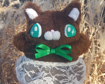 Fluffy Bottom Cat--kawaii cottagecore kitty plushie with clay eyes and lace