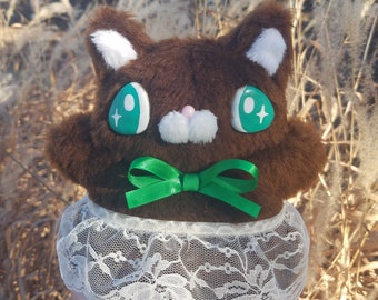 Fluffy Bottom Cat--kawaii cottagecore kitty plushie with clay eyes and lace