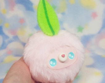 Fluffy Bottom Berry With Clay Face and Felt Leaf-kawaii pastel pink and green plush soft sculpture