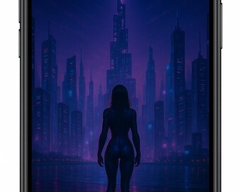 Neon Vixen: Futuristic Female Silhouette in Cyber City – 4K Digital Wallpaper