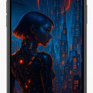 May include: A smartphone displays a digital art image of a woman in a futuristic setting. The woman is in a black suit with orange accents, set against a backdrop of a cityscape with orange and blue hues. A glowing orange ring is in the background.