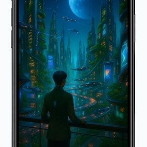 Futuristic Green City Wallpaper – Digital Sci-Fi Landscape Phone Background | 4K Cyber City iPhone & Android Download