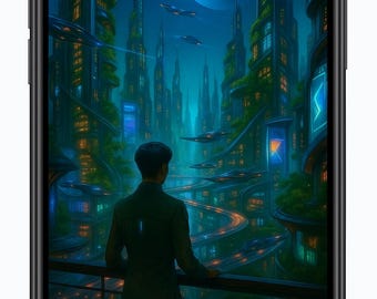 Futuristic Green City Phone Wallpaper: 4K Sci-Fi Landscape (Digital Download)