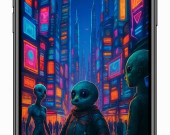 Neon Alien Cityscape – Futuristic Urban Phone Wallpaper | 4K Digital Art