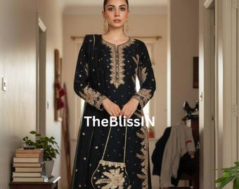 Elegant Faux Georgette Black Embroidered Kurti with Palazzo and Net Dupatta Set For Womens