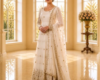 Elegant Embroidered Vichitra Silk Gown Set, Full Sleeve Anarkali with Dupatta & Pant