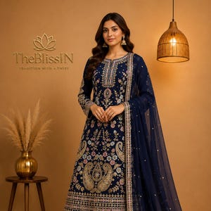 Navy Blue Designer Georgette Kurti Palazzo Set Zari, Thread, Sequin Embroidery Pakistani Style
