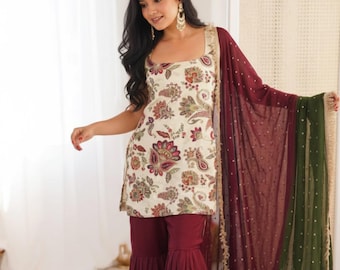 Graceful Floral Ivory Silk Kurti & Sharara With Dupatta Set | Embroidery Work Set