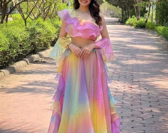 Soft Silk Organza Lehenga Set with Digital Print Blouse & Dupatta : Designer Lehenga Choli for Women