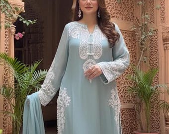 Organza Silk Embroidered Suit Set with Satin Palazzo and Lace Organza Dupatta