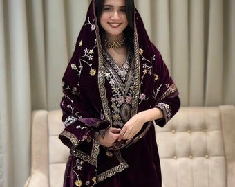 Exclusive Velvet Sequin Embroidered Three-Piece Suit Set Wine Luxury Ethnic Occasion Wear