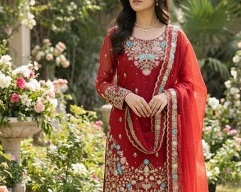 Red Pakistani Wedding Sharara Suit – Embroidered Silk Readymade Salwar Kameez