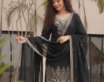 Black Embroidered Chinon Silk Kurti Sharara Set with Dupatta |Indian Ethnic Suit for Women