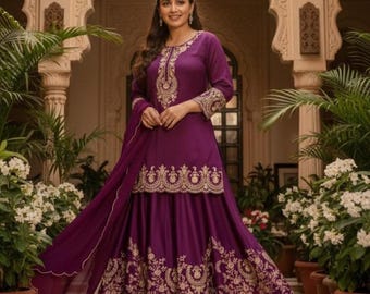 Designer Luxury French Crepe Sharara Suit Set with Embroidered Dupatta for Womens Wear