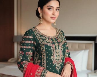 Pure Pakistani Wedding Wear Sharara Suit Set In Faux Georgette and Embroidered Dupatta