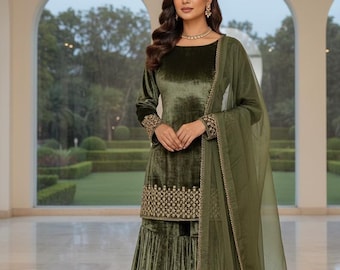 Completo Sharara con top in velluto di viscosa pesante verde scuro e ricamo per donna