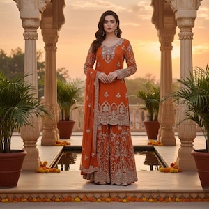 May include: An orange embroidered sharara suit with a matching dupatta. The long-sleeved top and wide-legged pants are adorned with intricate silver embroidery. The woman is standing in front of an ornate architectural backdrop.