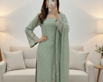 Olive Green Heavy Faux Georgette Embroidered Sequence Work Suit Set (Eid Outfit)
