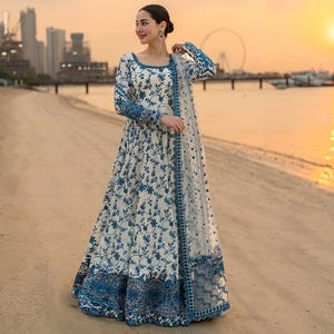White Maxi Dress Blue Embroidery - Etsy Australia