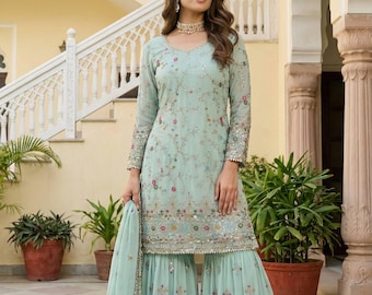 Mint Green Pakistani Embroidered Sharara Suit | Faux Georgette Kurti Dupatta Set