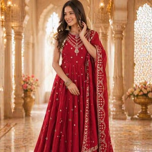 Flared Roman Silk Anarkali Suit Set, Embroidery Sequence Work Dupatta