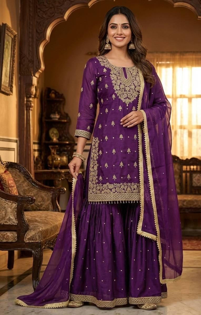 strapless open back dress Party Wear Sharara Suit in Purple Color with Heavy Embroidery Work