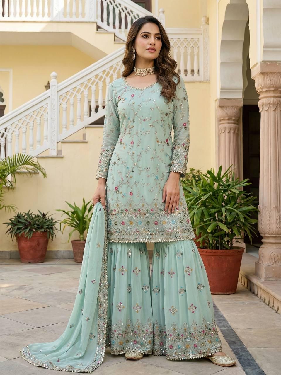 light green sharara dress Mint Green Sharara Suit: Sleeveless kurti with heavy embroidery – Banu  Designs main image 1