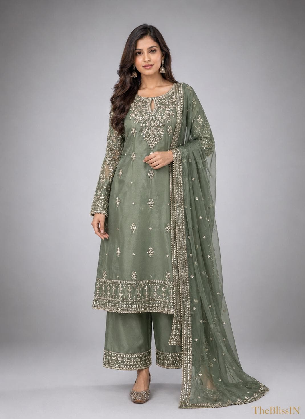 Organza Silk Kurti Palazzo Set with Dupatta, Zari & Sequins Embroidery Suit
