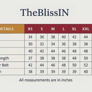 Puede incluir: Una tabla de tallas de ropa con medidas en pulgadas. La tabla muestra medidas de busto, cintura, caderas, largo de la parte superior, cintur&oacute;n salwar y largo, desde XS hasta 3XL. La marca "TheBlissIN" est&aacute; en la parte superior.